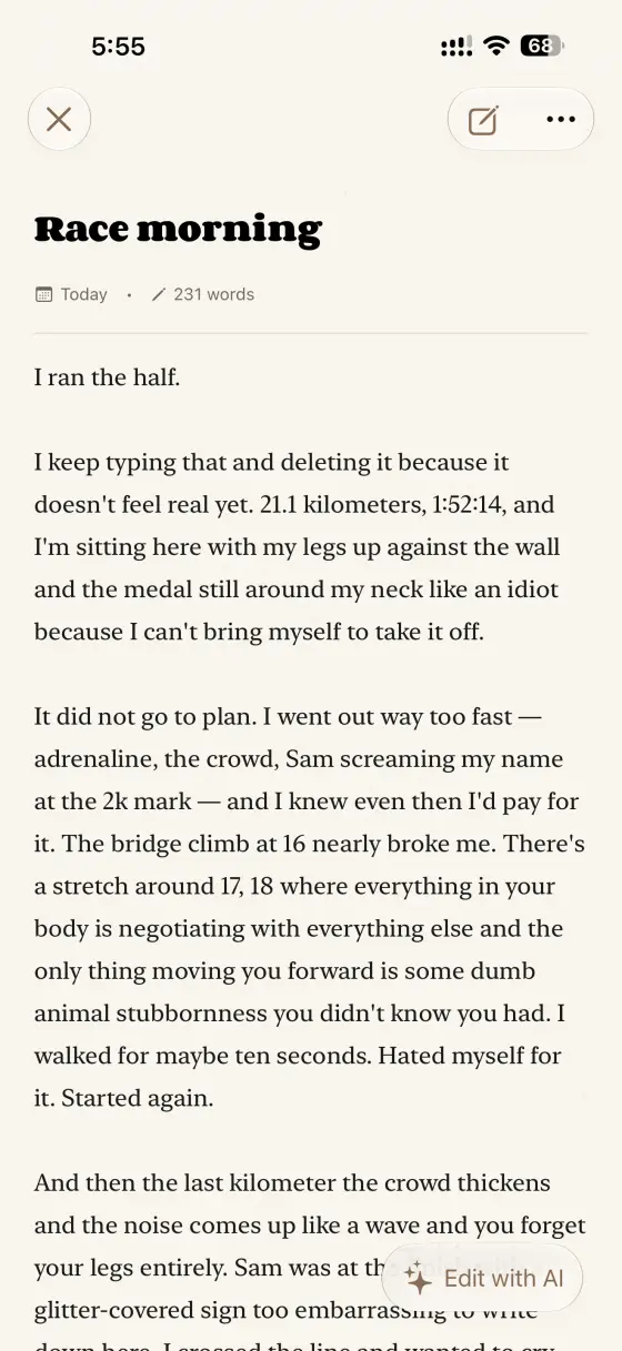 A finished diary entry titled Race morning, written in the first person